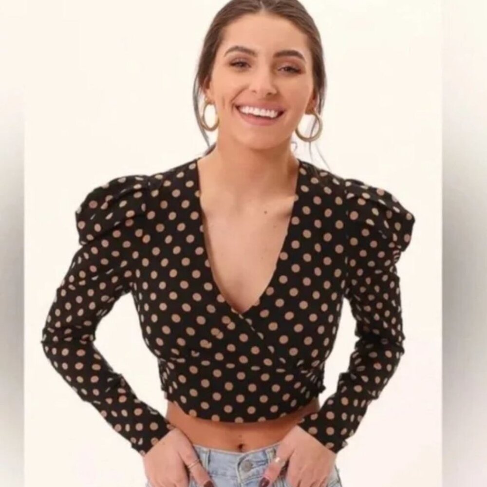 NWT MinkPink | Ayat Wrap Crop Top Black & Mocha Brown Polka Dot | Size Medium